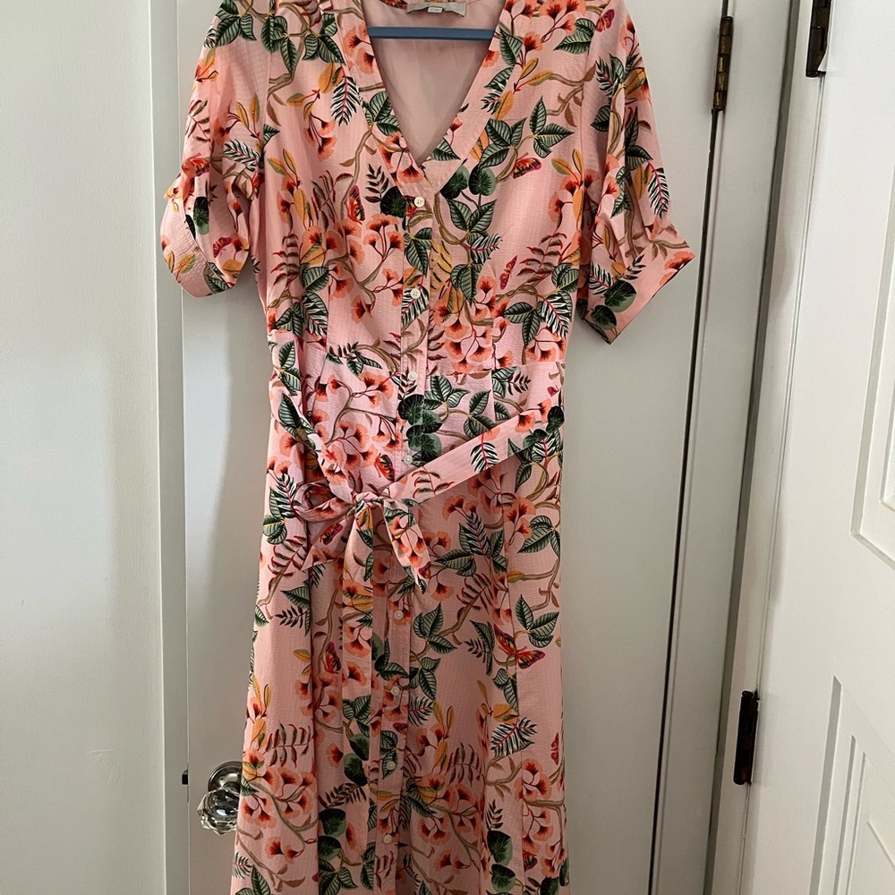 LOFT Pink Floral V-Neck Midi Dress with Tie Waist